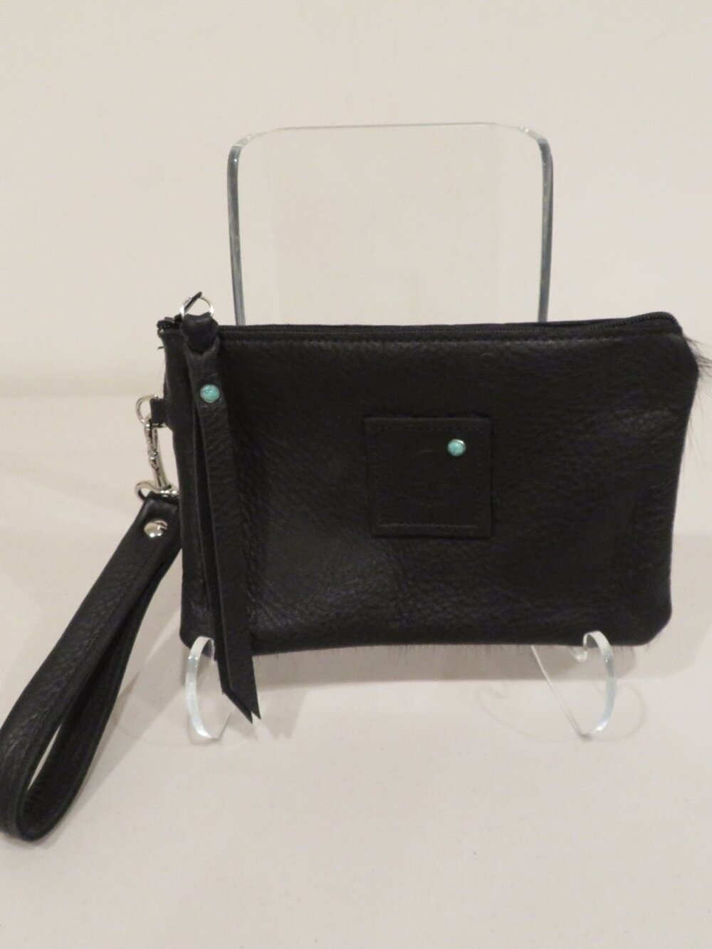 Two Fillies Black Pebbled Leather Hair‑On Wristlet
